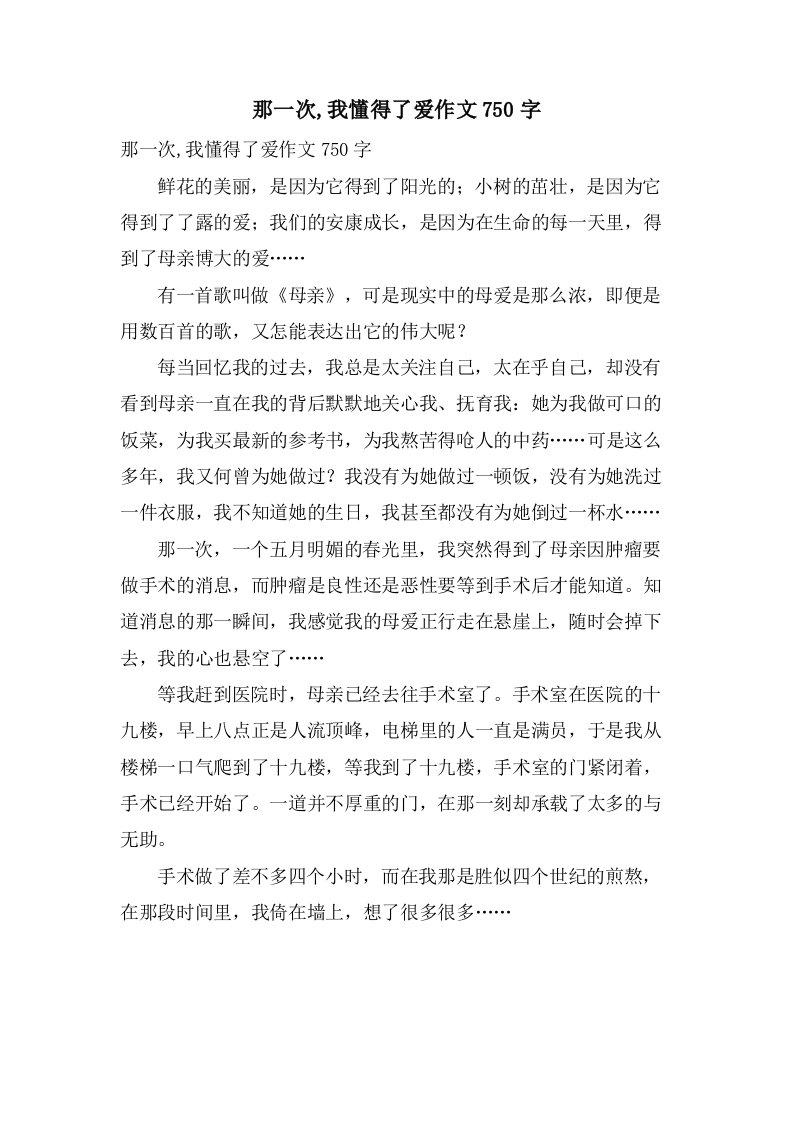 那一次,我懂得了爱作文750字