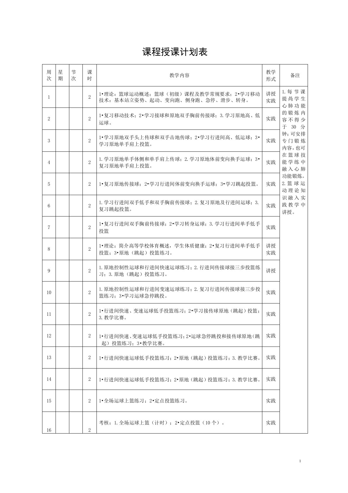 课程思政版大学体育篮球选项课(初级)教案1-2