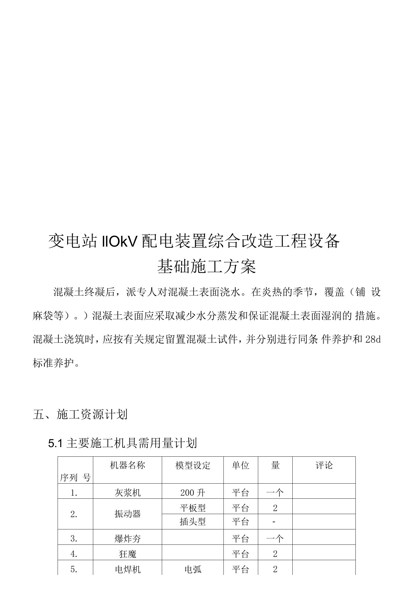 220千伏变电站110千伏配电装置综合改造工程设备基础施工方案设计