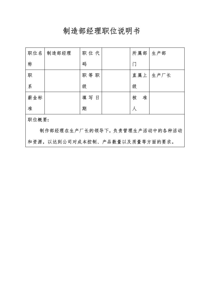 生产制造型企业制造部经理职位说明书