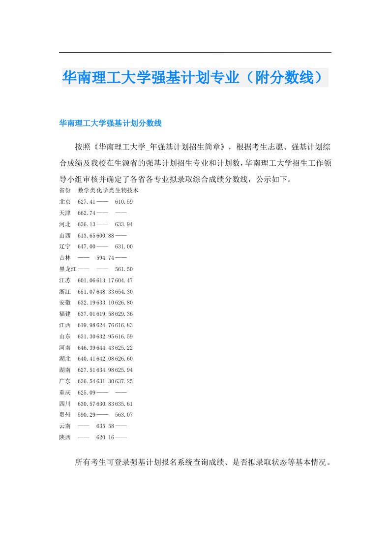 华南理工大学强基计划专业（附分数线）