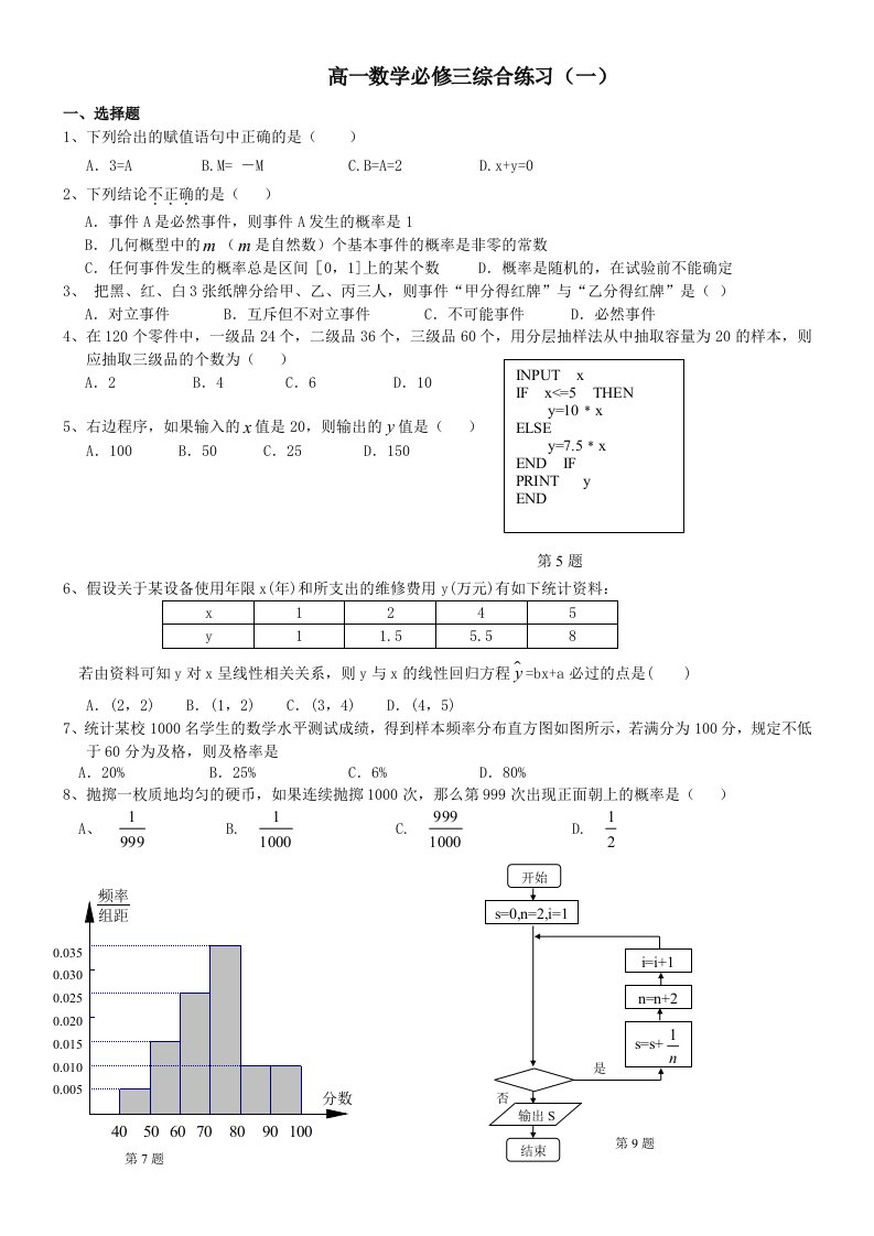 高一数学必修三综合练习(一)