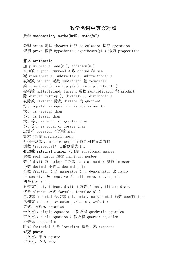 数学名词中英文对照(初中)