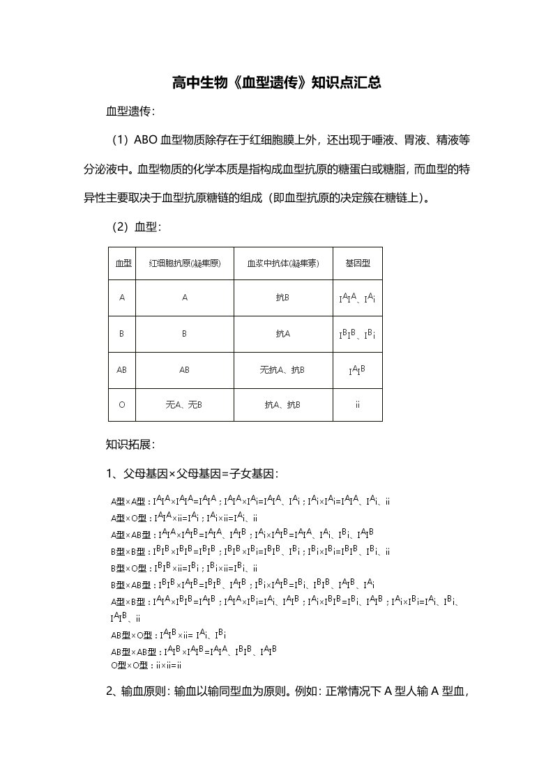 高中生物血型遗传知识点汇总