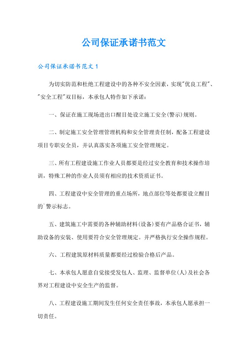 公司保证承诺书范文