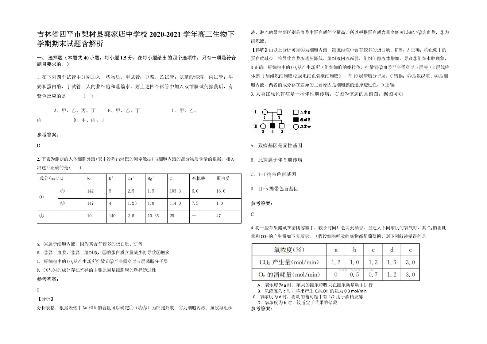 吉林省四平市梨树县郭家店中学校2020-2021学年高三生物下学期期末试题含解析