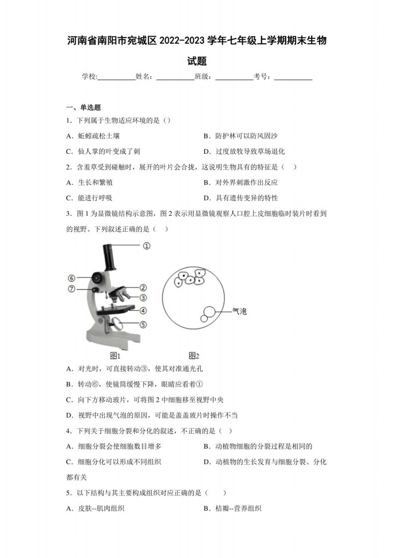 河南省南阳市宛城区2022-2023学年七年级上学期期末生物试题（含答案）