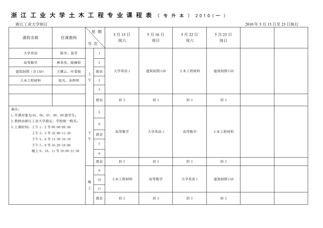 浙江工业大学土木工程专业课程表(专升本)