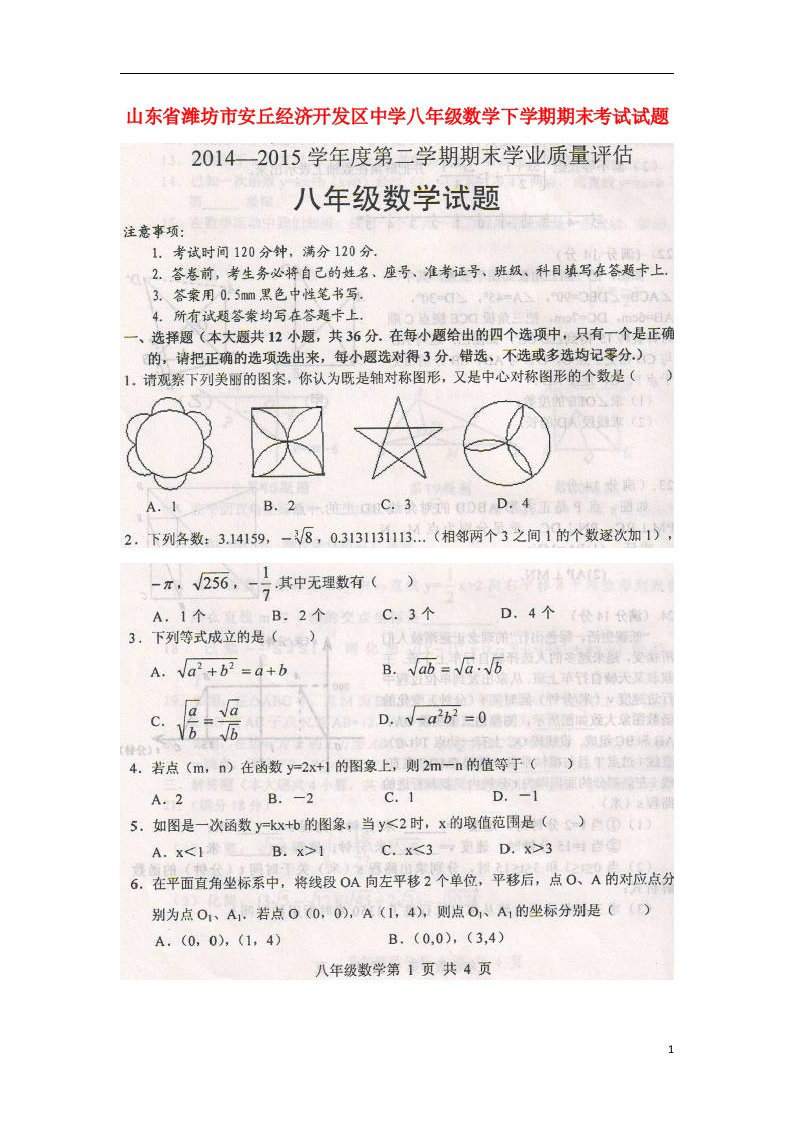 山东省潍坊市安丘经济开发区中学八级数学下学期期末考试试题（扫描版）