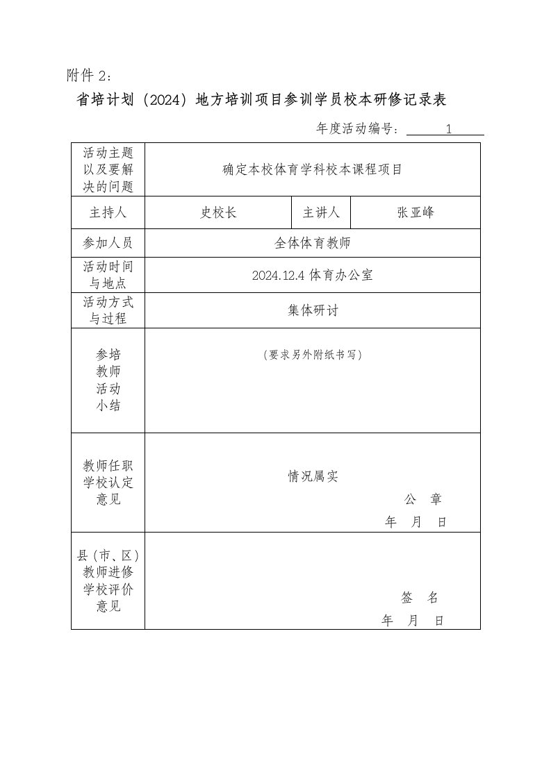 省培计划地方培训项目参训学员校本研修记录表校本研修培训记录