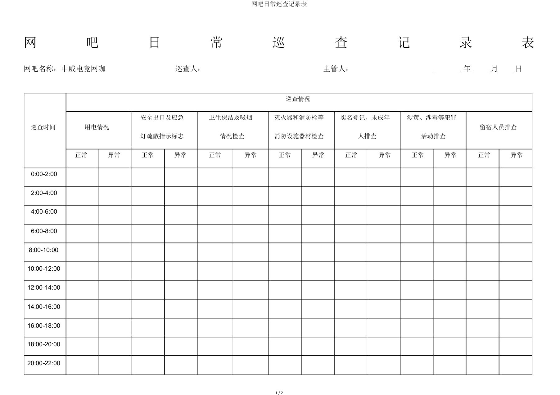 网吧日常巡查记录表