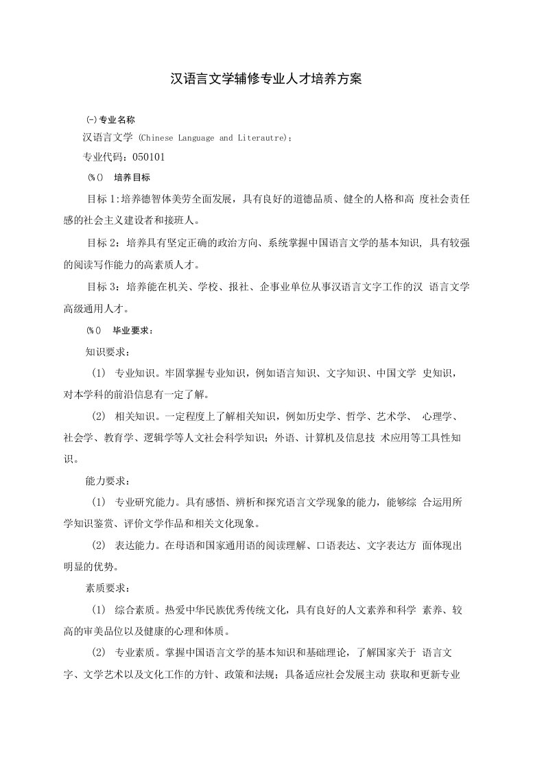 汉语言文学专业辅修人才培养方案（2020版）（完善）