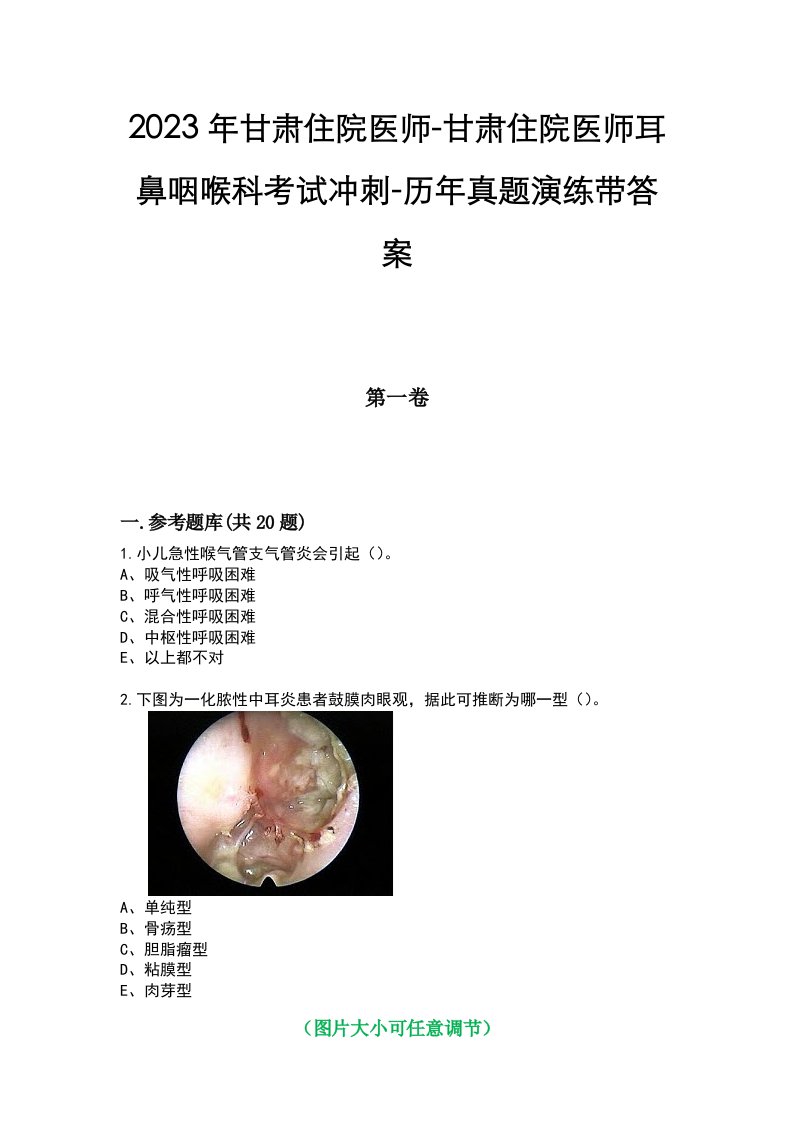 2023年甘肃住院医师-甘肃住院医师耳鼻咽喉科考试冲刺-历年真题演练带答案