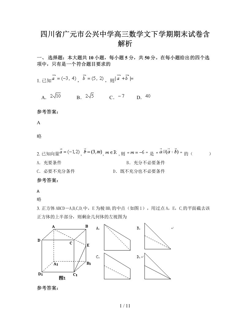 四川省广元市公兴中学高三数学文下学期期末试卷含解析