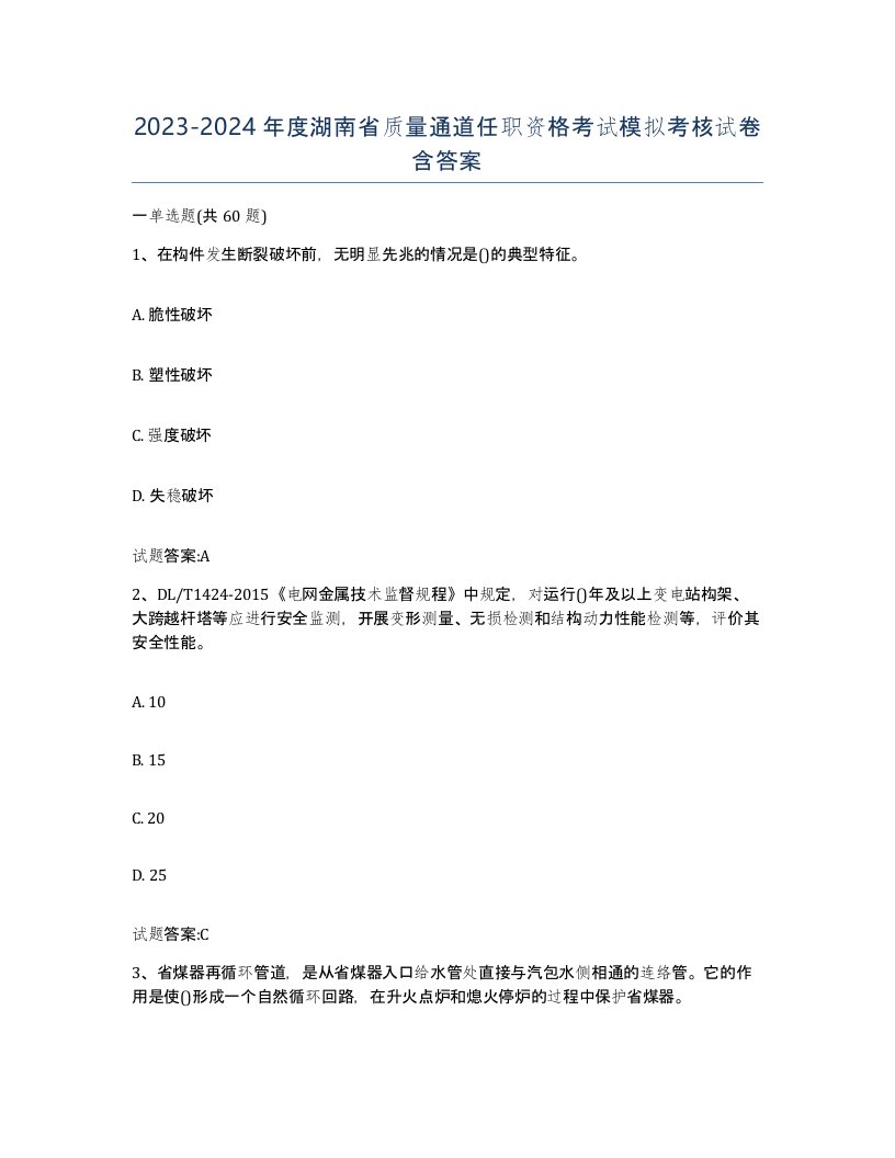 20232024年度湖南省质量通道任职资格考试模拟考核试卷含答案