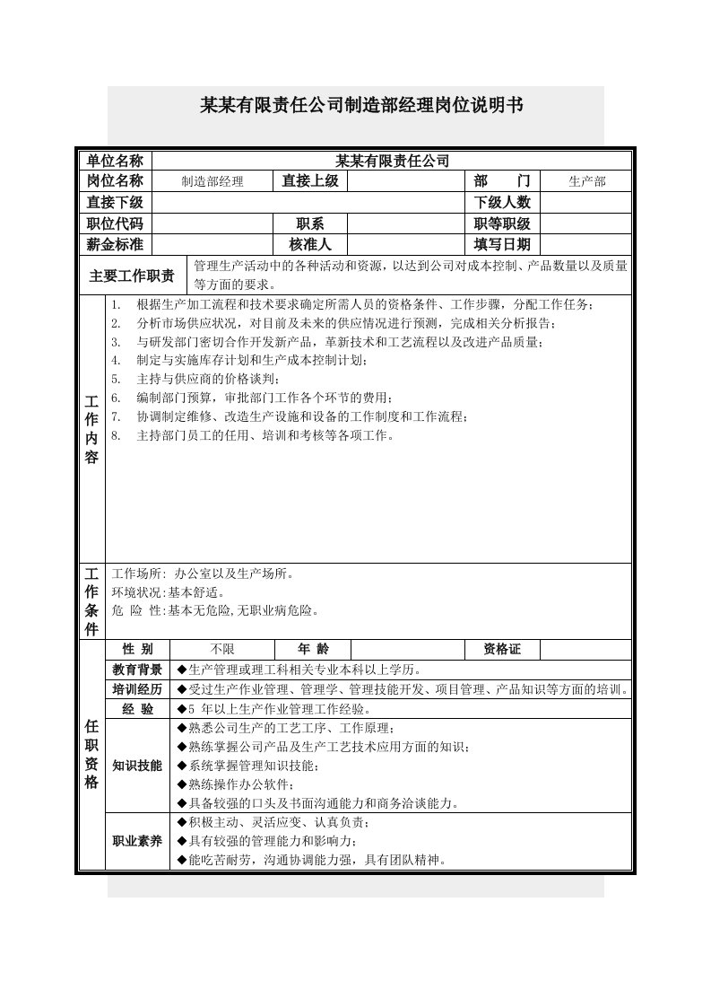 岗位职责-制造部经理岗位说明书