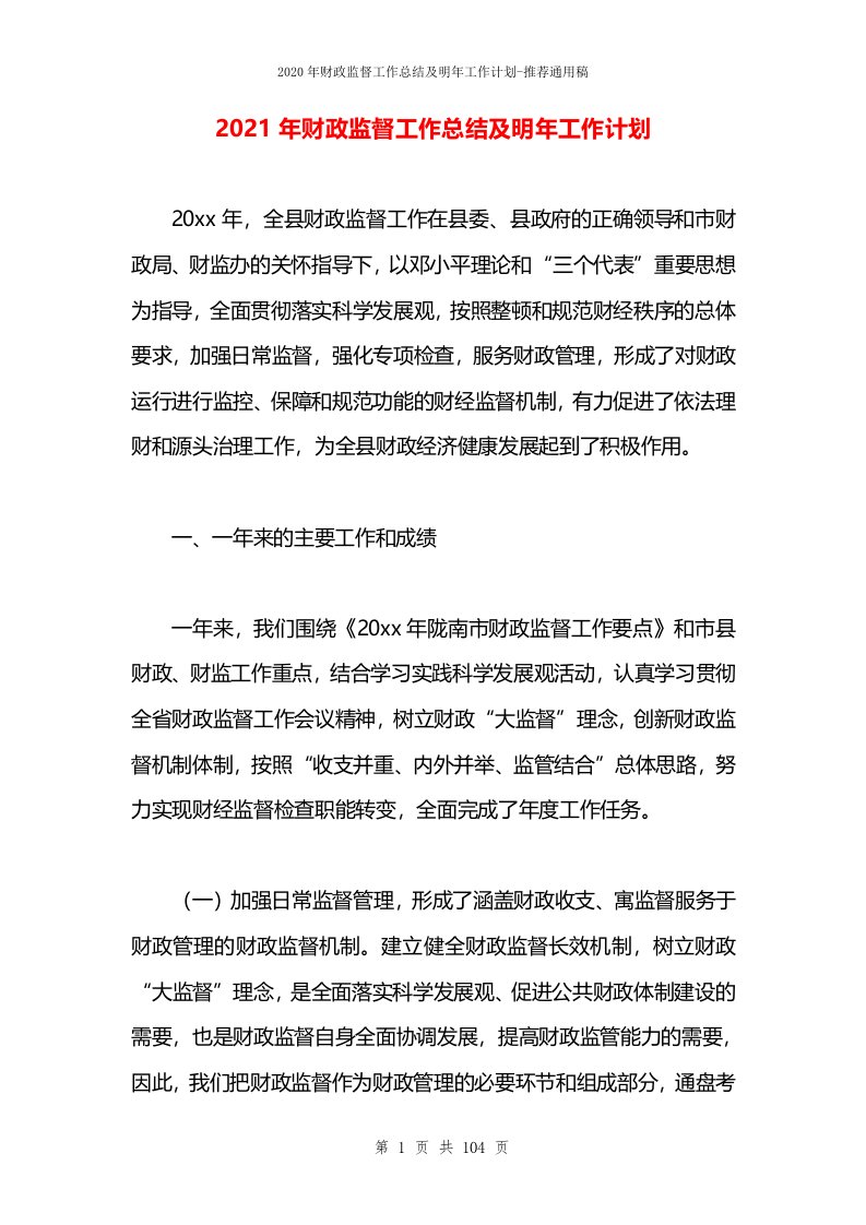 2021年财政监督工作总结及明年工作计划(1)