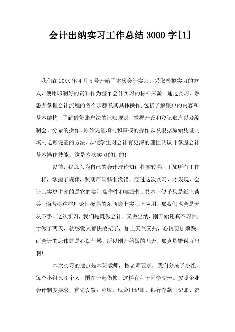 会计出纳实习工作总结3000字1