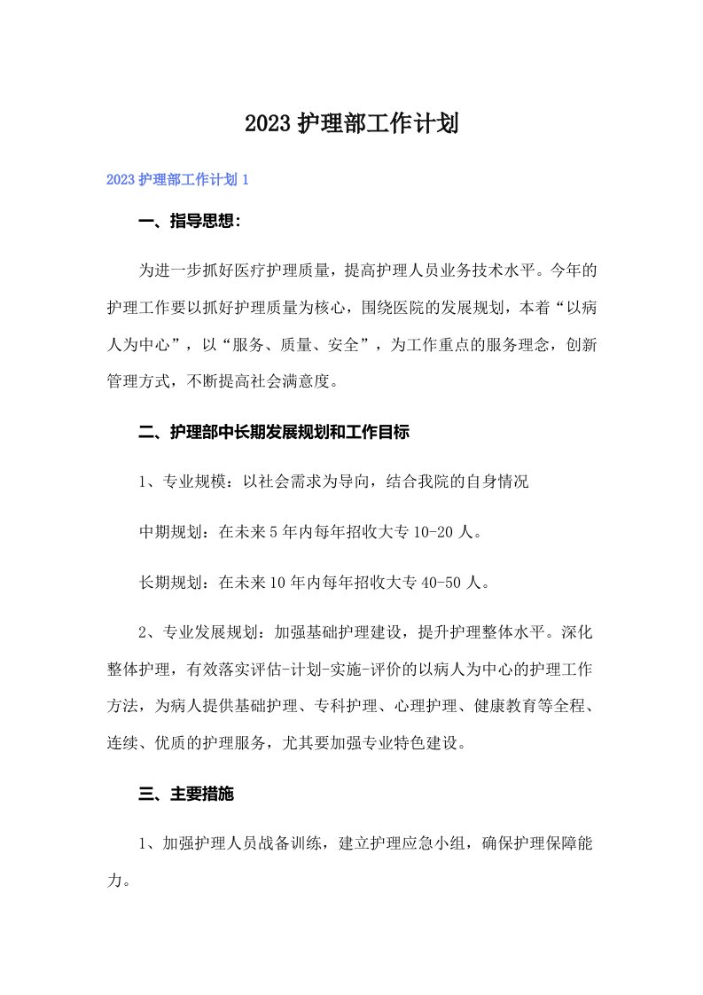 2023护理部工作计划（可编辑）