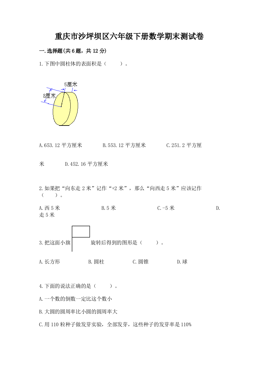 重庆市沙坪坝区六年级下册数学期末测试卷精选