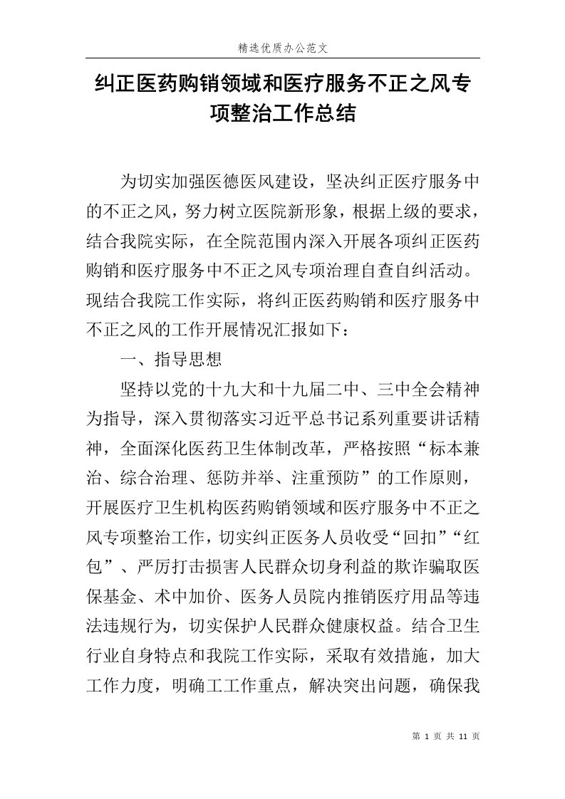 纠正医药购销领域和医疗服务不正之风专项整治工作总结范文