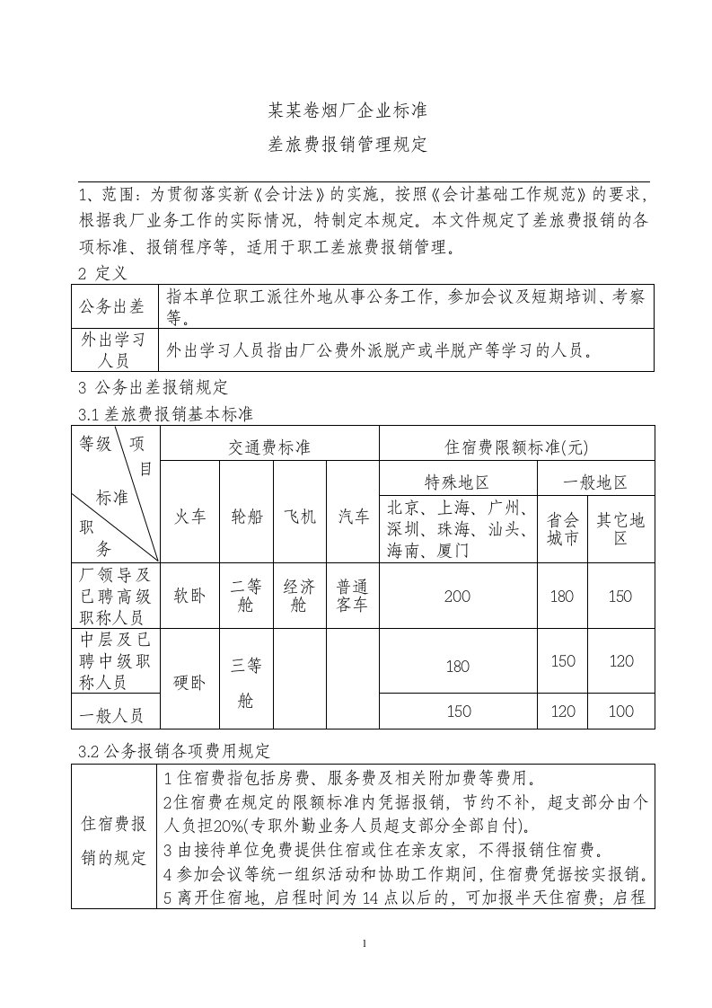 卷烟厂差旅费报销管理规定(ISO)