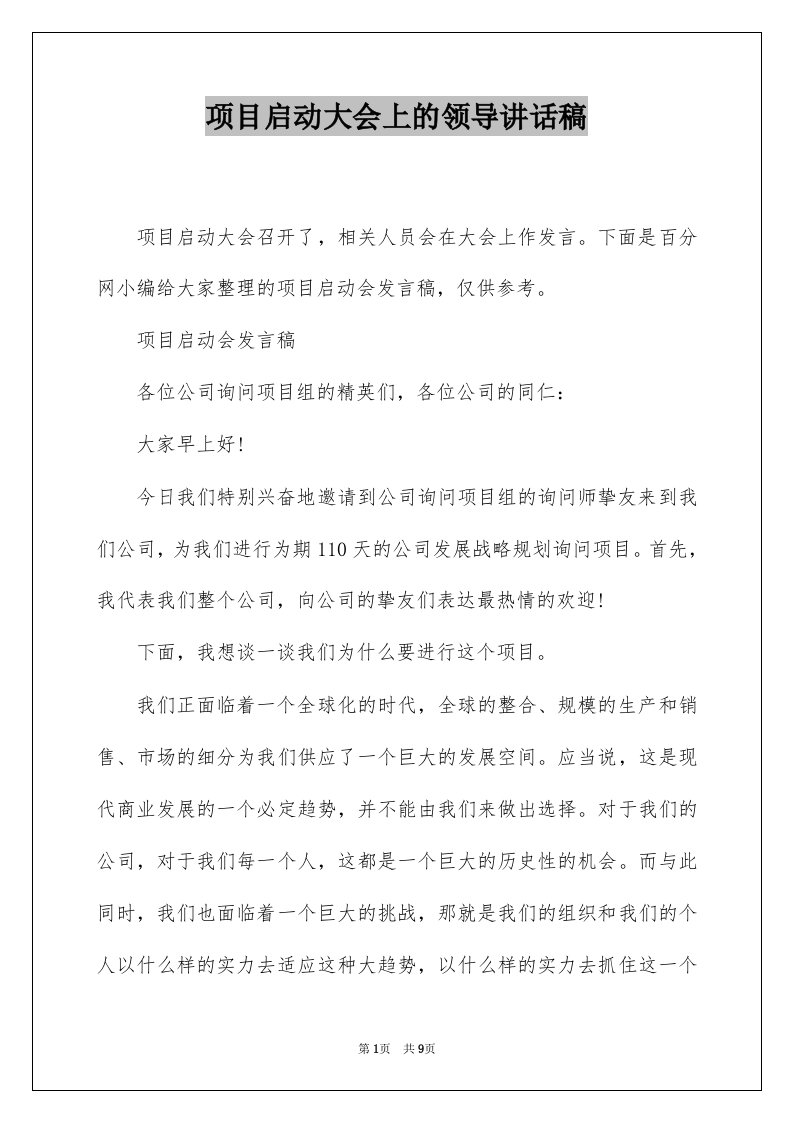 项目启动大会上的领导讲话稿