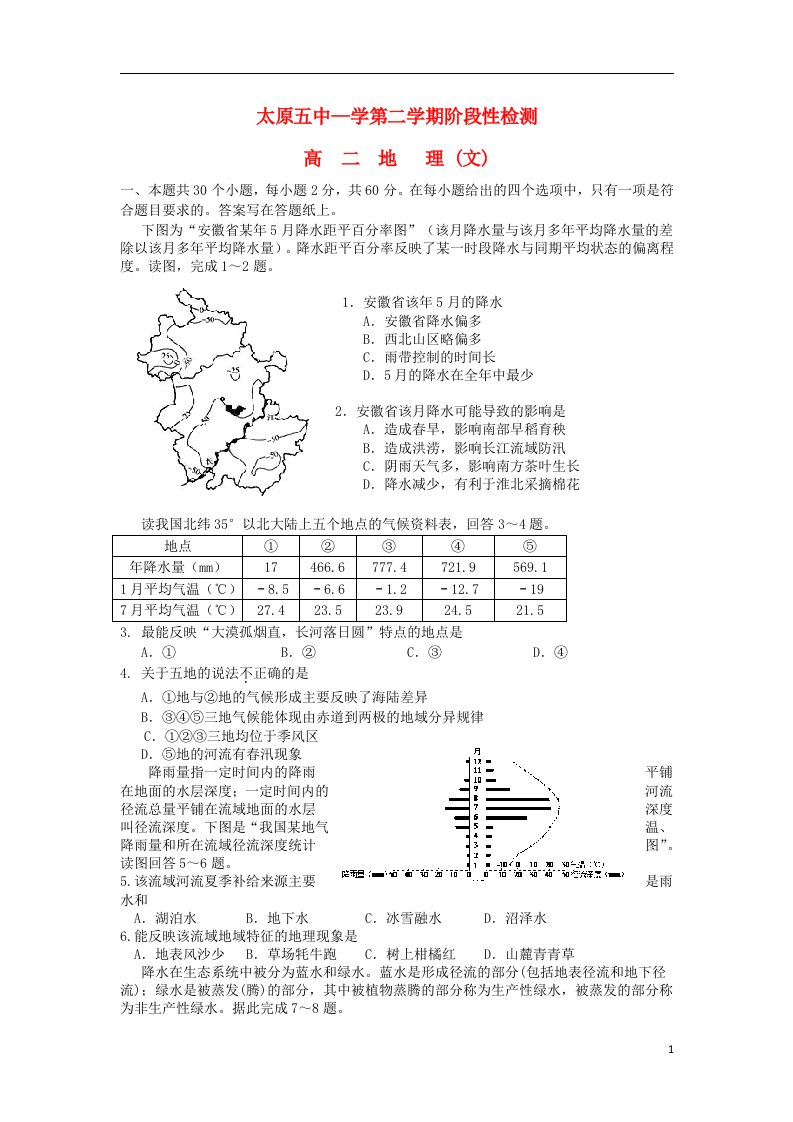 山西省太原五中高二地理下学期5月阶段性检测试题