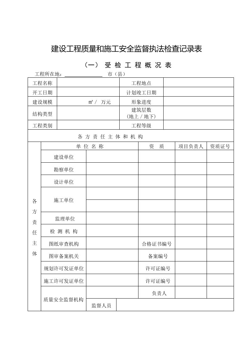 建设工程质量和施工安全监督执法检查记录表