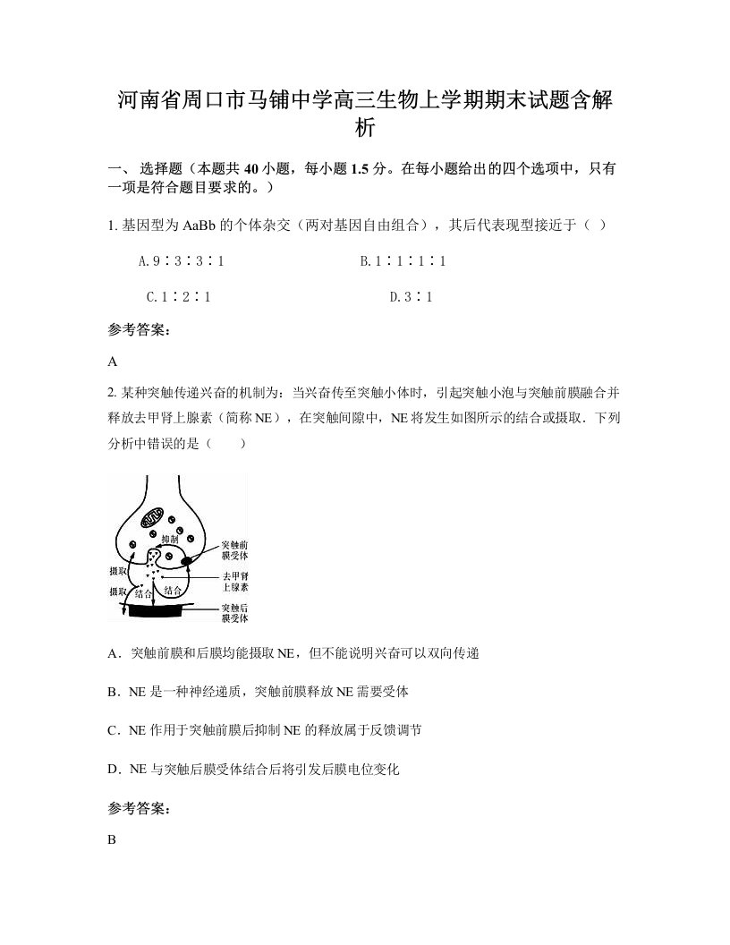 河南省周口市马铺中学高三生物上学期期末试题含解析