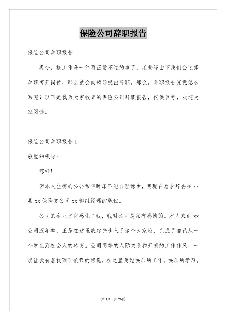 保险公司辞职报告例文9