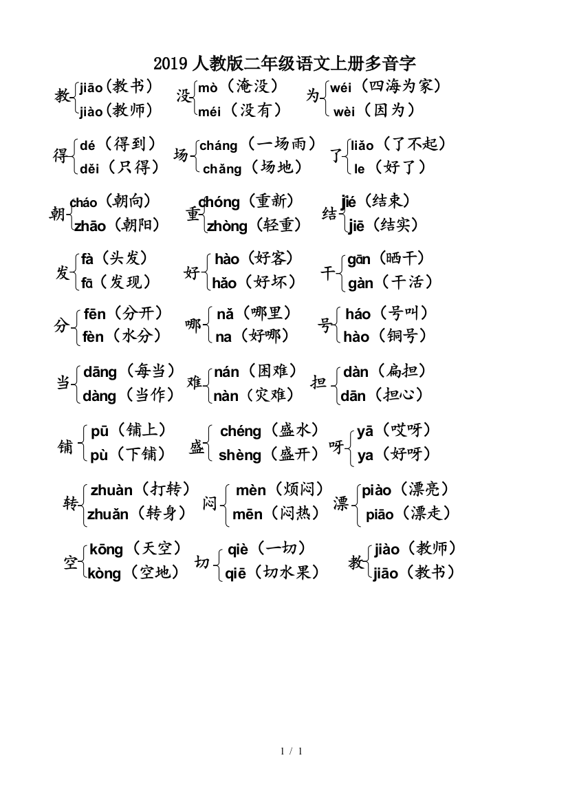 2019人教版二年级语文上册多音字