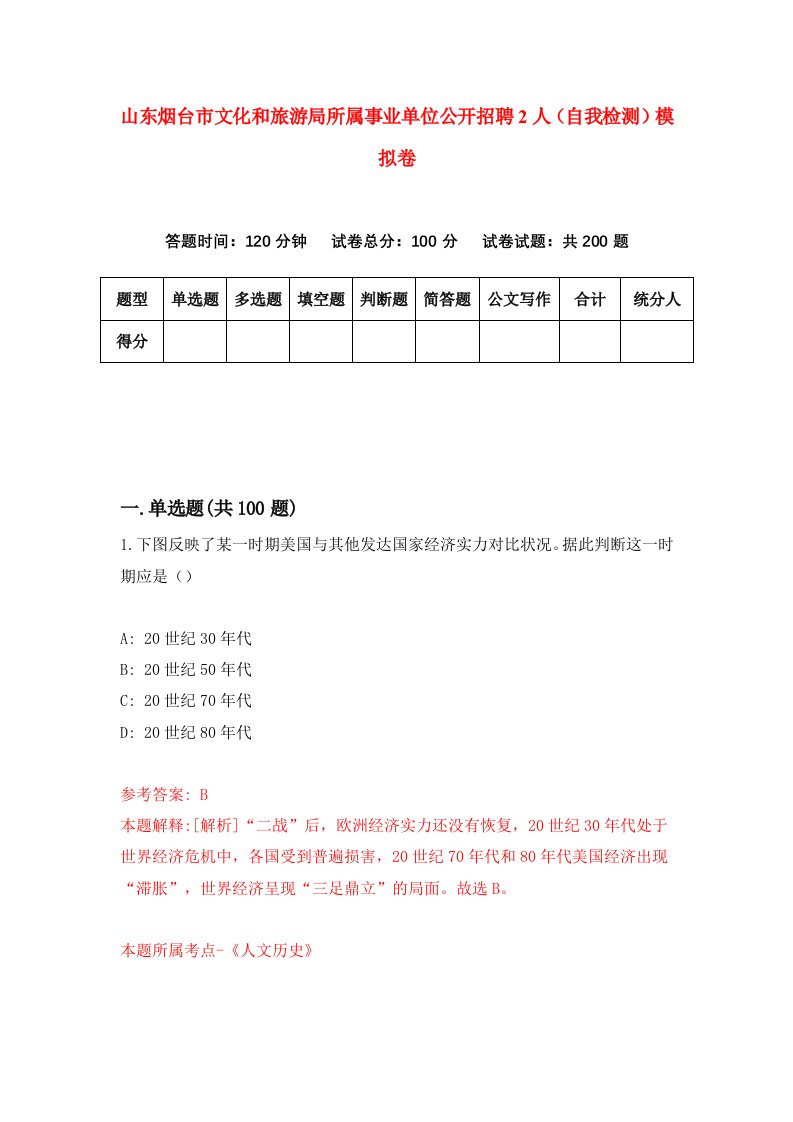 山东烟台市文化和旅游局所属事业单位公开招聘2人自我检测模拟卷7