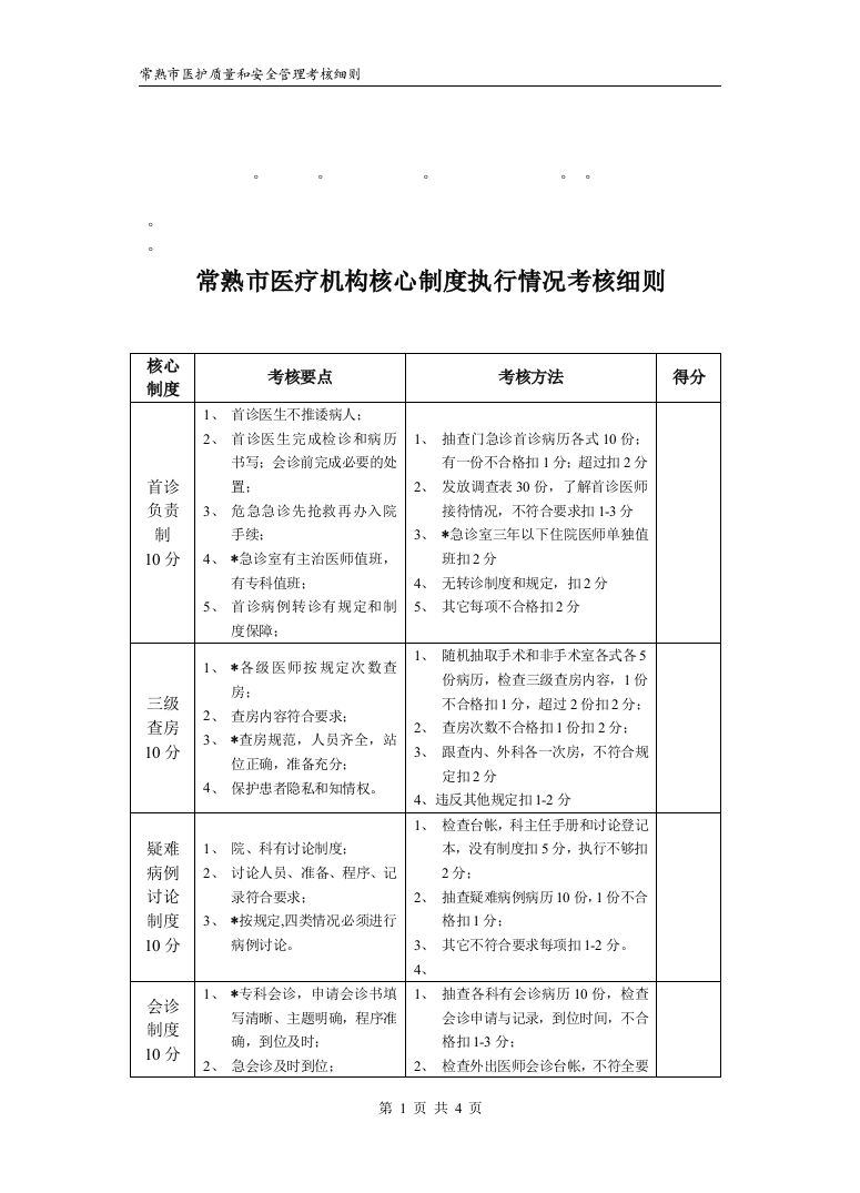 整理精品常熟市医疗机构核心制度执行情况考核细则