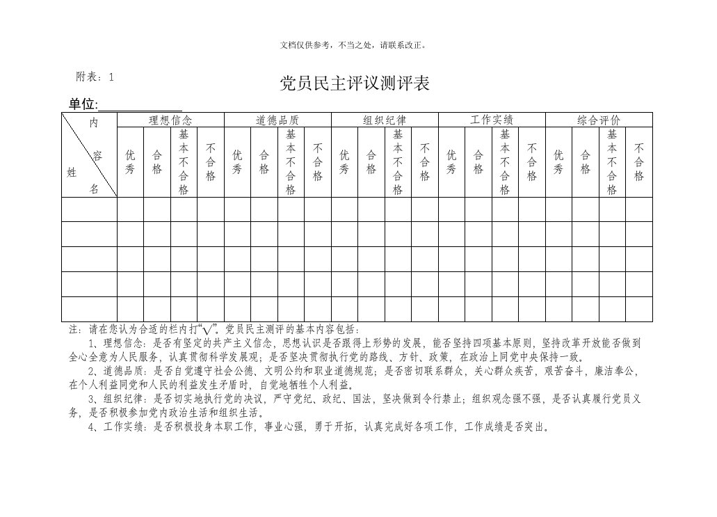 2020年党员民主评议测评表