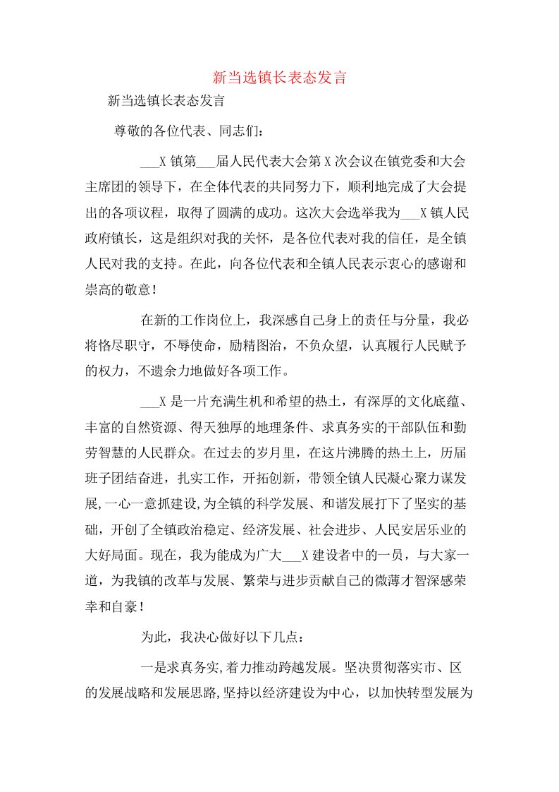 新当选镇长表态发言