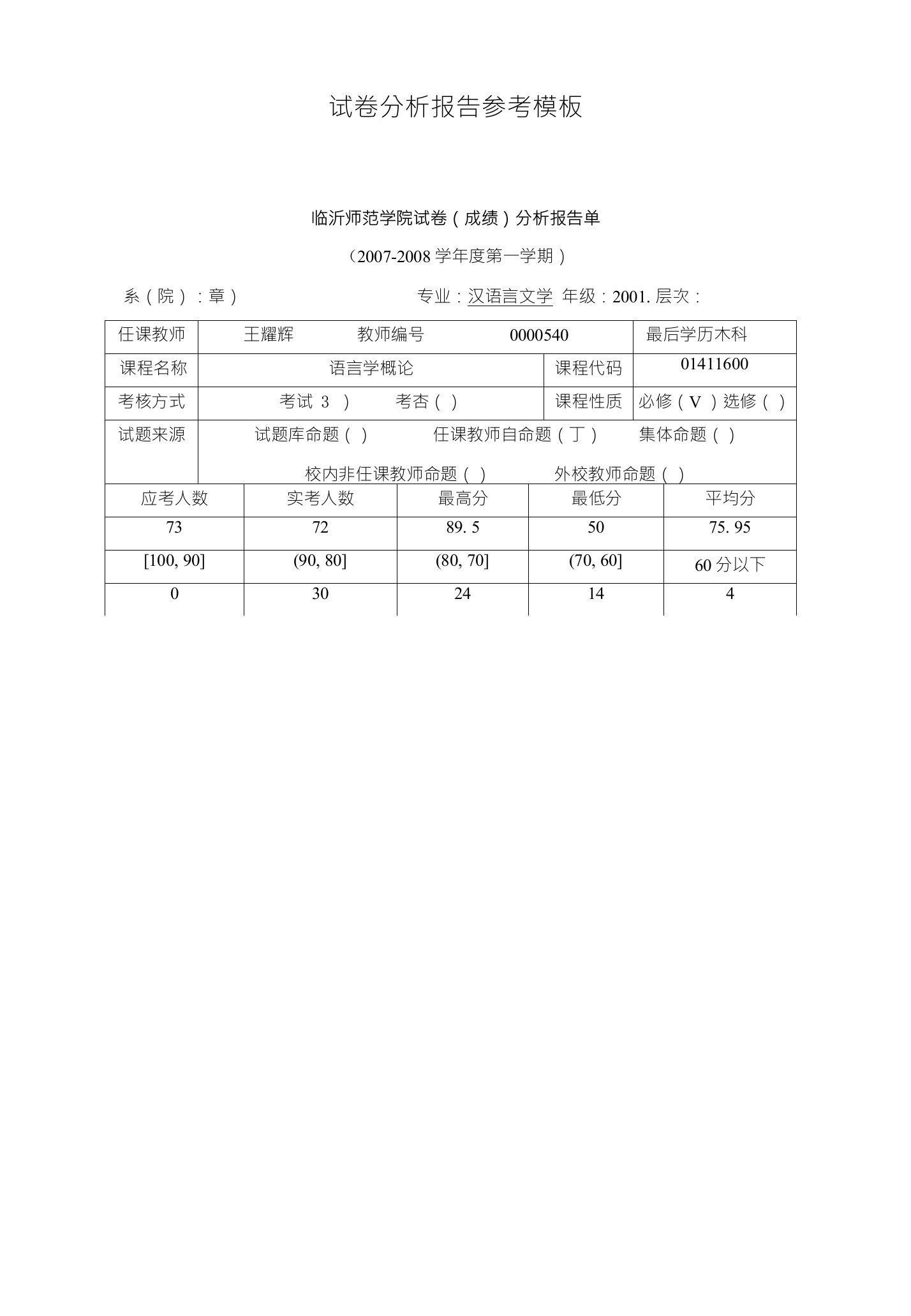 试卷分析报告参考模板