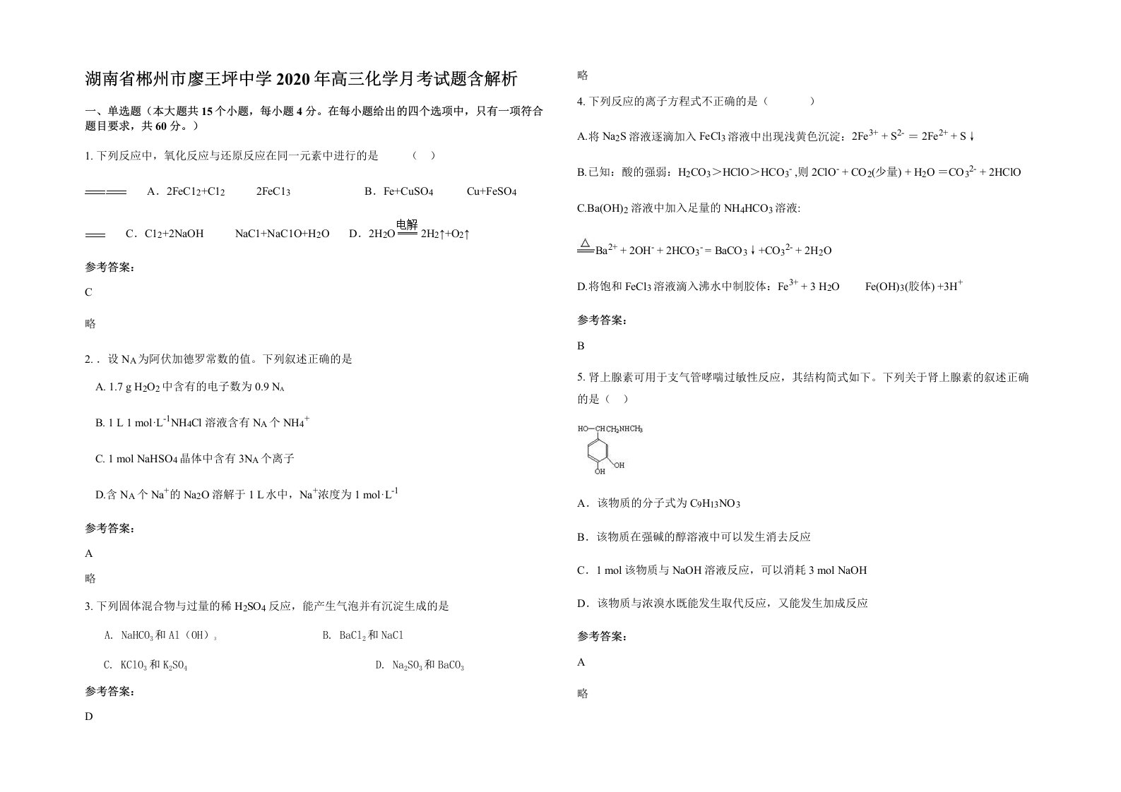 湖南省郴州市廖王坪中学2020年高三化学月考试题含解析