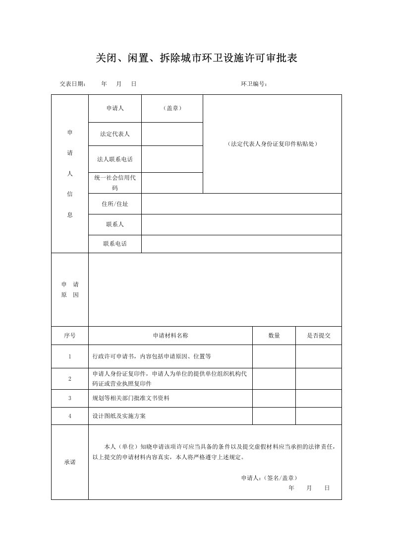 关闭、闲置、拆除城市环卫设施许可审批表