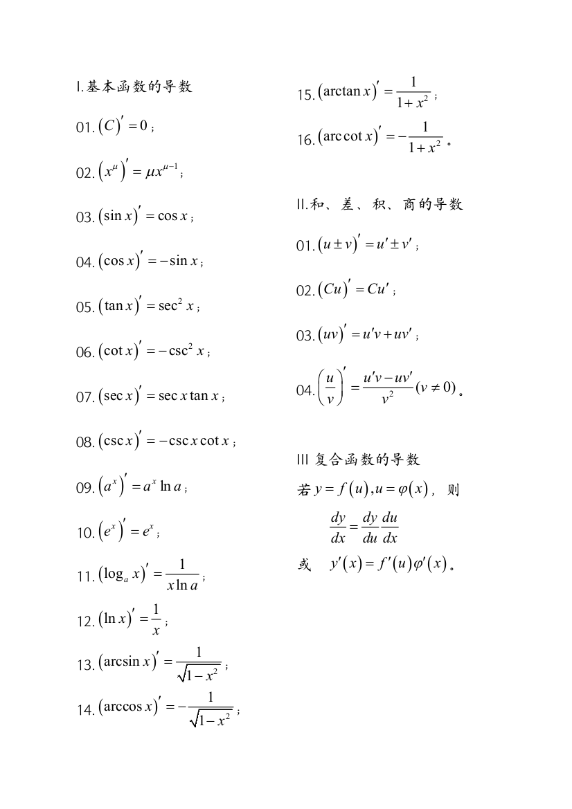 高级数学求导公式打印版