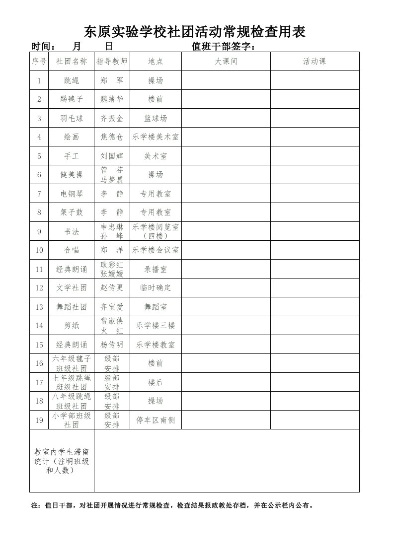 社团活动常规检查用表