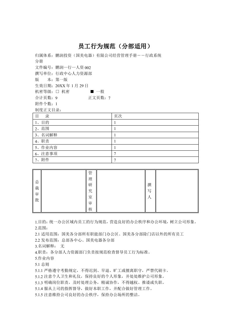 金融保险-员工行为规范分部适用