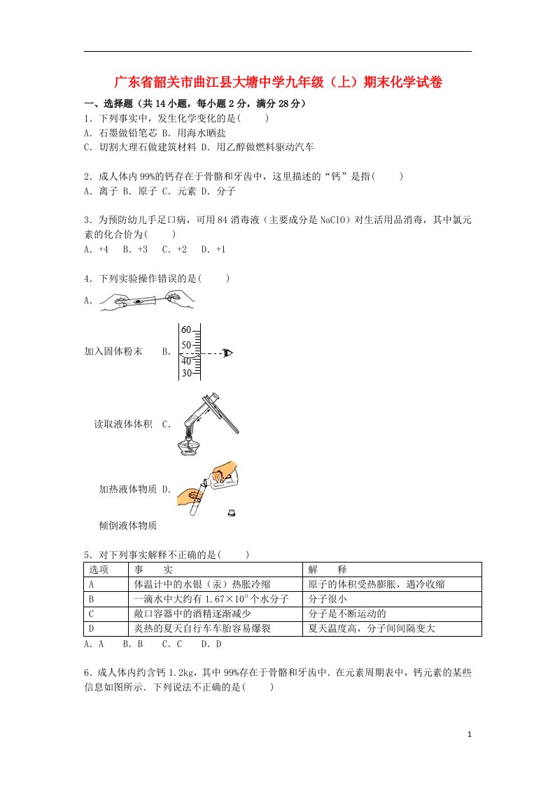 广东省韶关市曲江县大塘中学九级化学上学期期末试题（含解析）