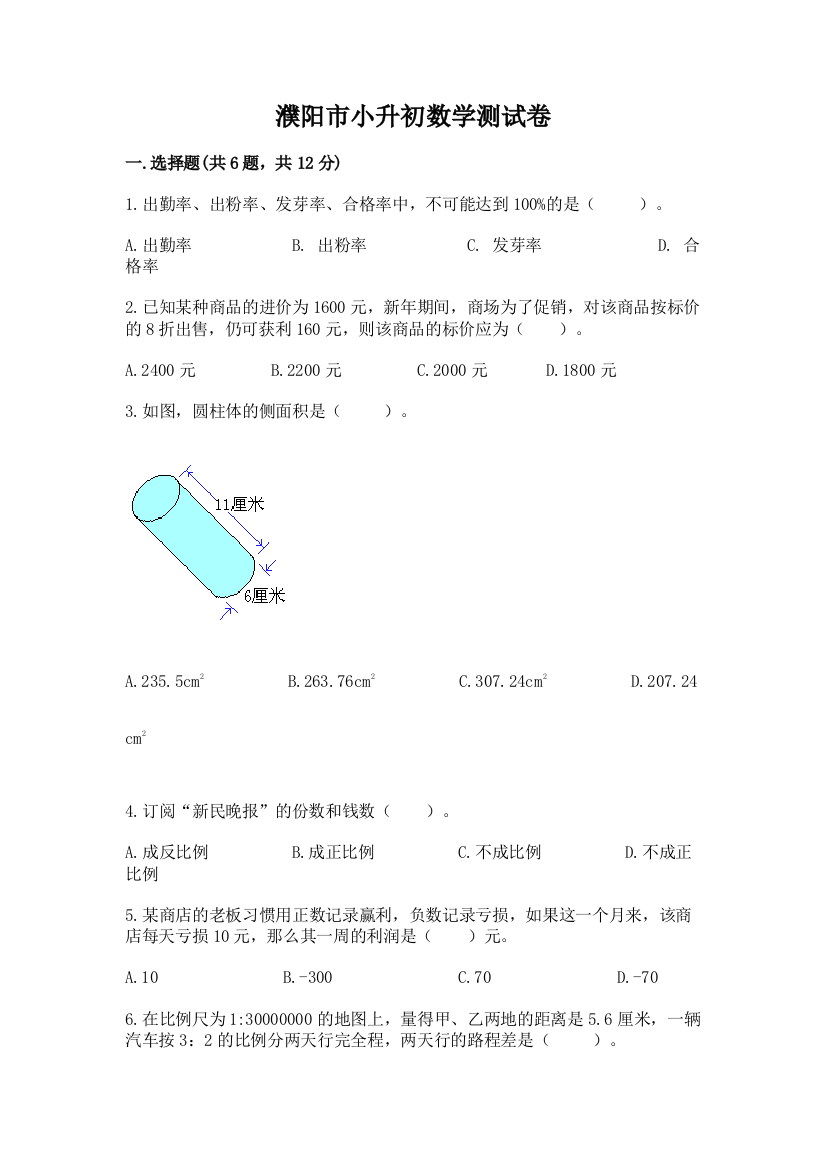 濮阳市小升初数学测试卷及答案一套