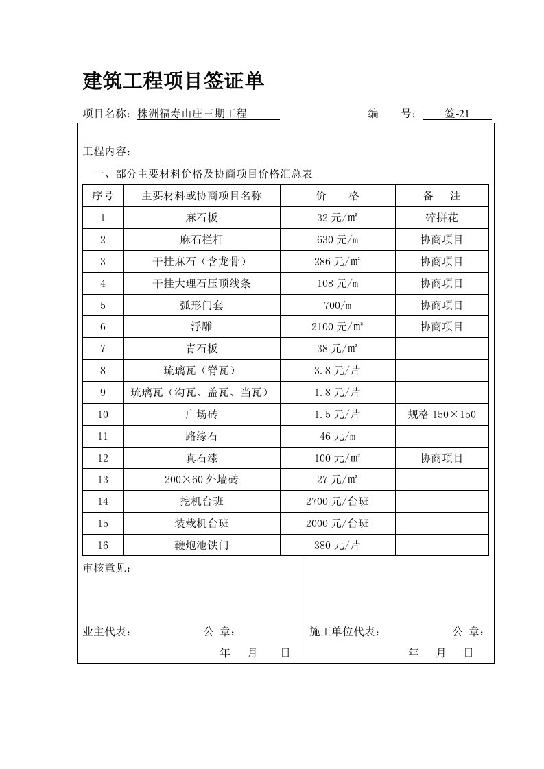 建筑工程项目签证单