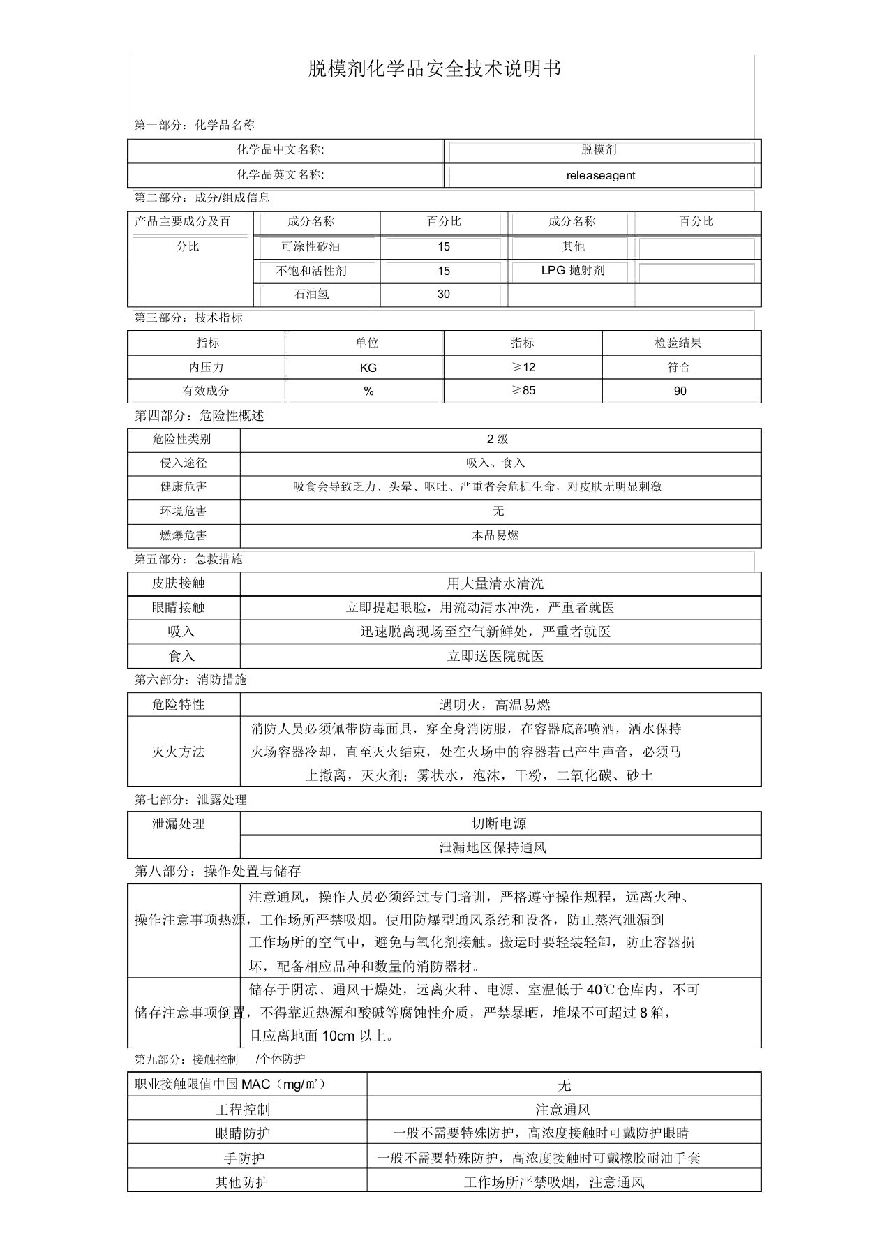 脱模剂化学品MSDS