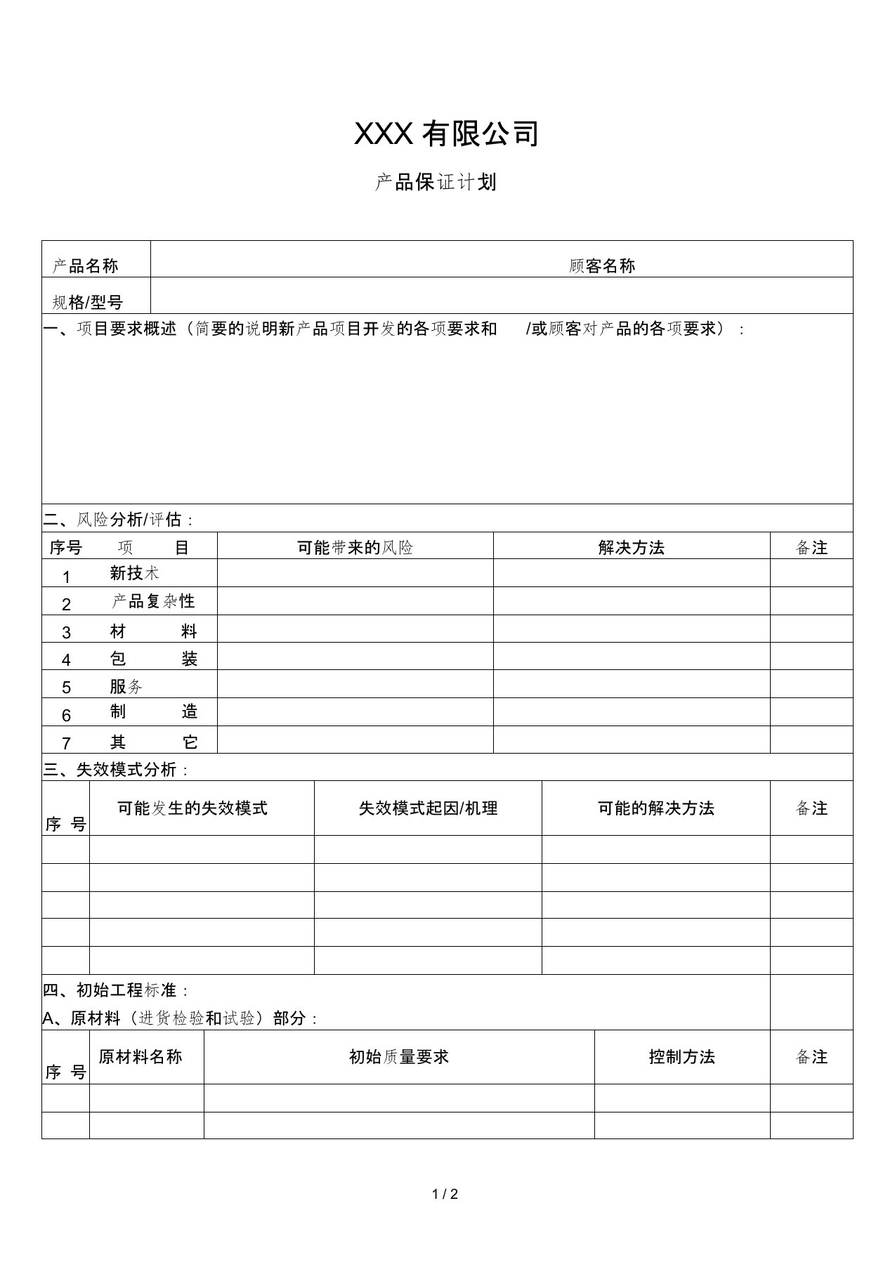 APQP产品保证计划