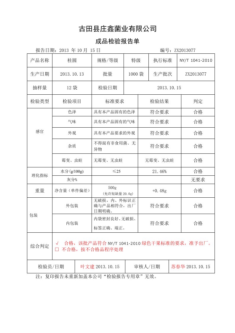 桂圆成品检验报告单