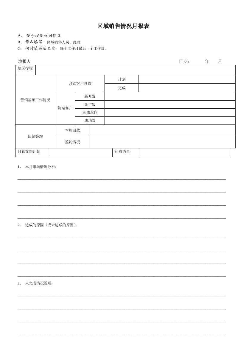 区域销售月报表