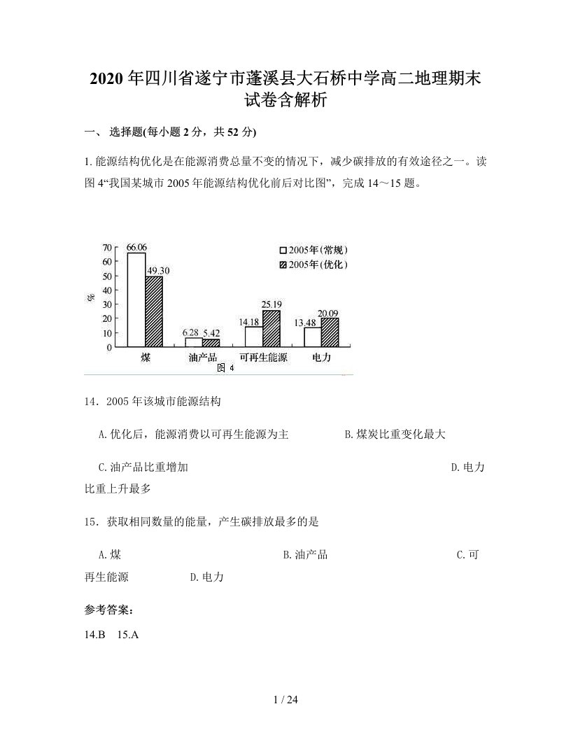 2020年四川省遂宁市蓬溪县大石桥中学高二地理期末试卷含解析